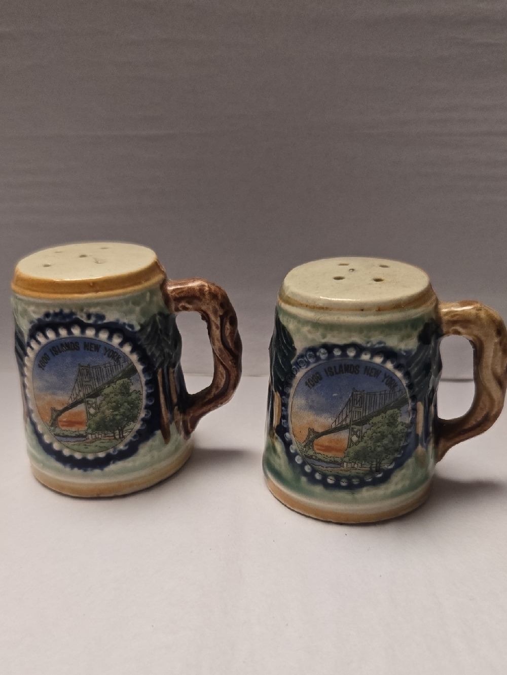 Vintage 1000 Islands New York Scenic Ceramic Salt and Pepper Mug Set - Green